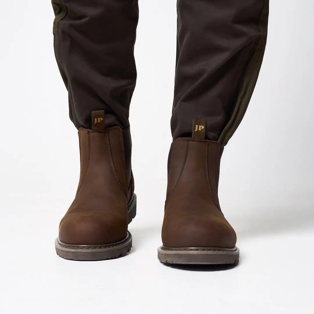Jack Pyke safety dealer boots in brown leather with gold JP branding