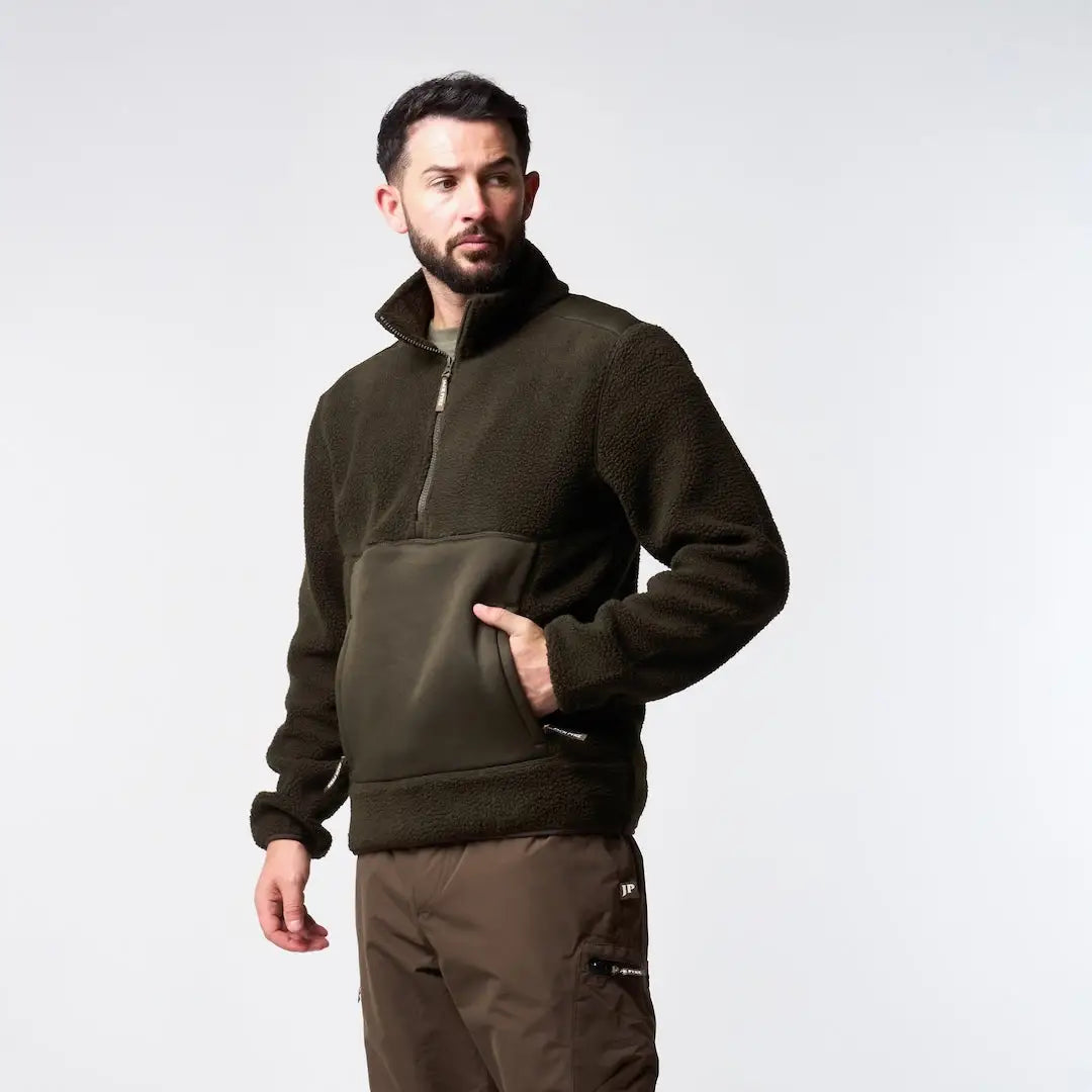 Jack Pyke Sherpa Pullover in olive green fleece half-zip jacket