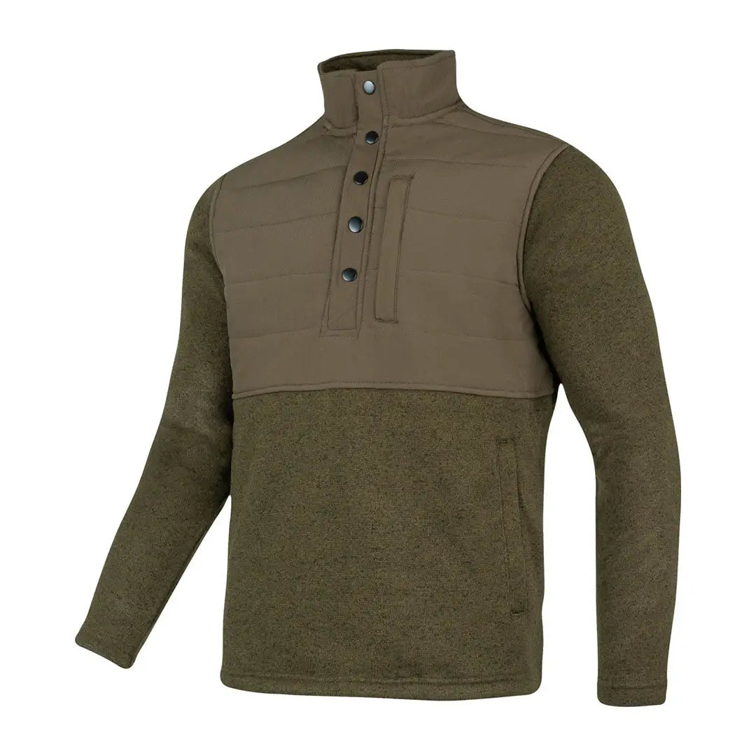 Jack Pyke snap neck pullover in olive green and tan with quilted chest