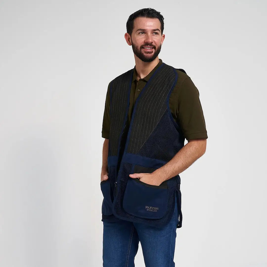 Navy blue Jack Pyke Sporting Skeet Vest with pinstriped mesh panels