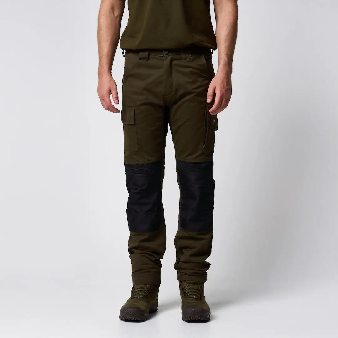 Jack Pyke technical work trousers in olive green with black reinforcements, durable fabric and multiple pockets