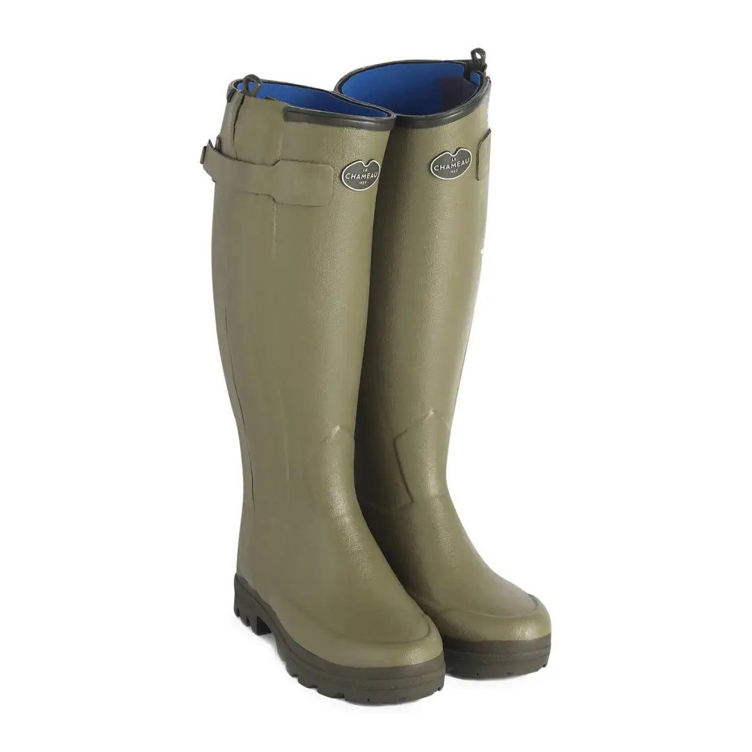 Tall olive green Le Chameau neoprene lined rain boots with stylish blue lining
