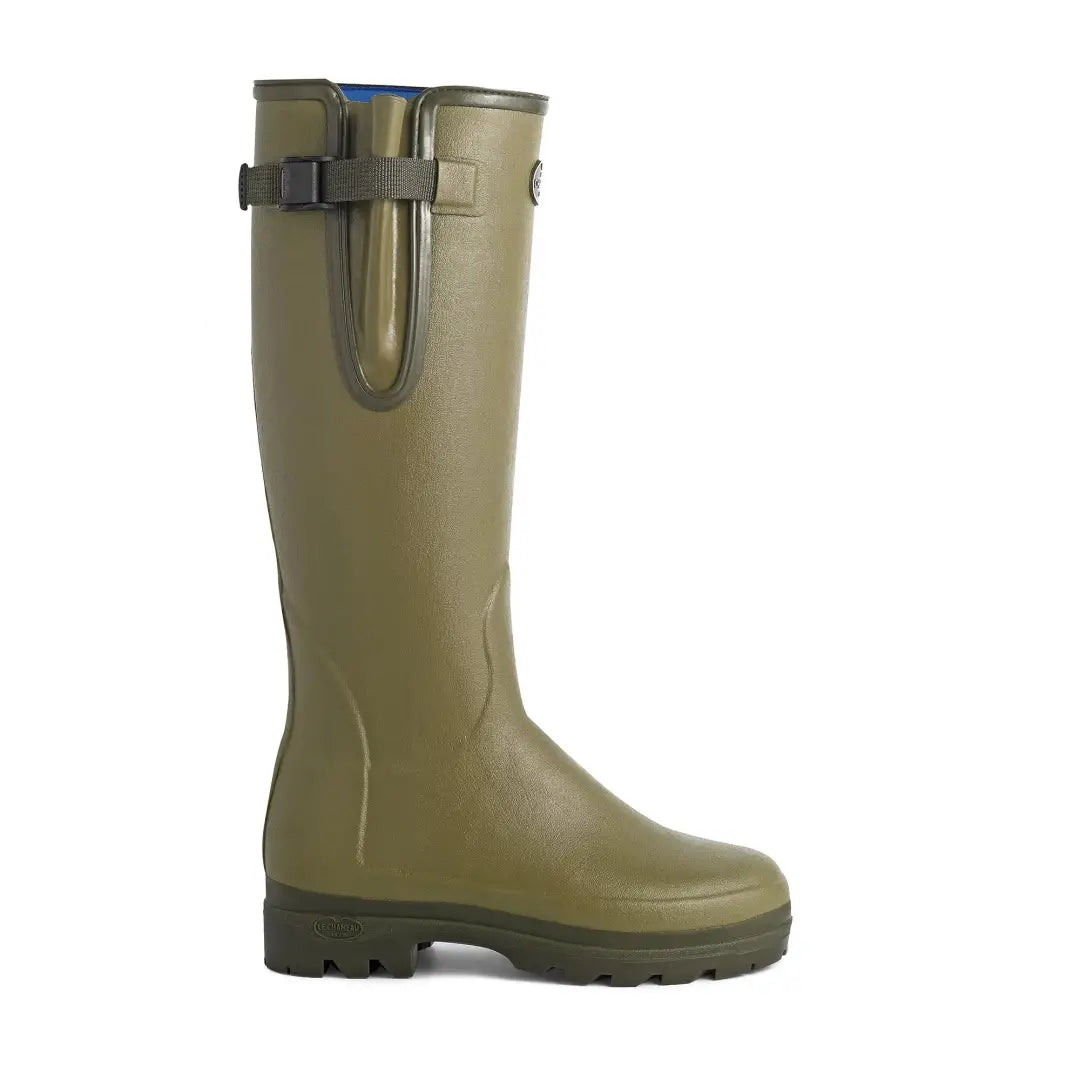 Olive green Le Chameau tall rubber boot with adjustable waterproof gusset for women