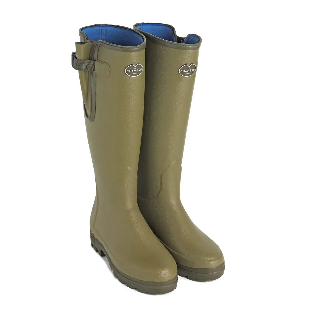 Pair of olive green Le Chameau tall rubber boots with adjustable waterproof gusset
