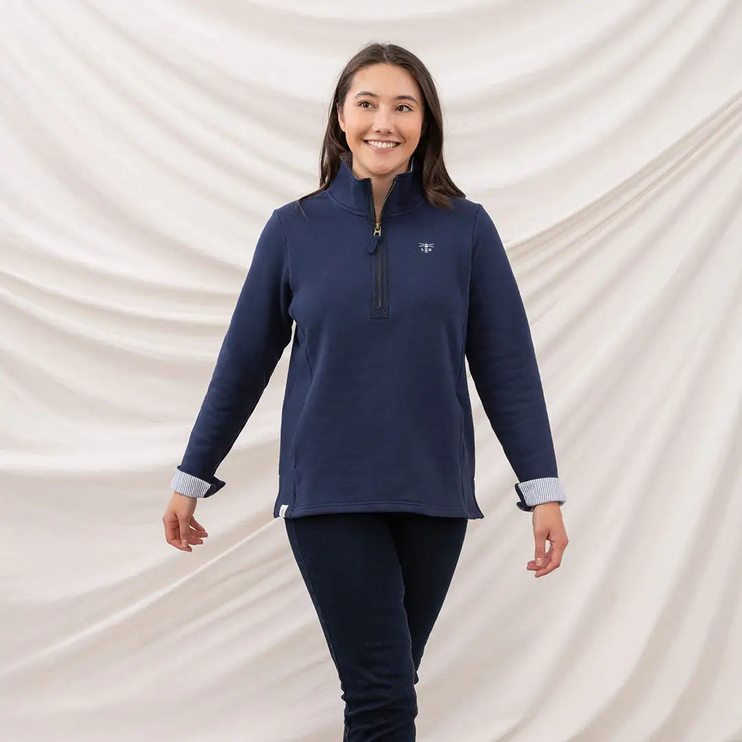 Lighthouse Ladies Shore II Jersey navy blue quarter-zip pullover with cuffed sleeves