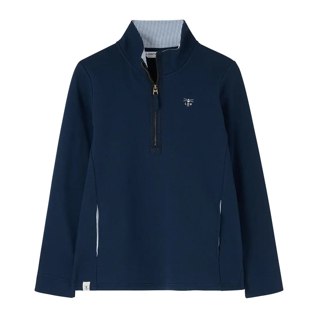 Navy blue Lighthouse Ladies Shore II Jersey quarter-zip pullover with striped collar