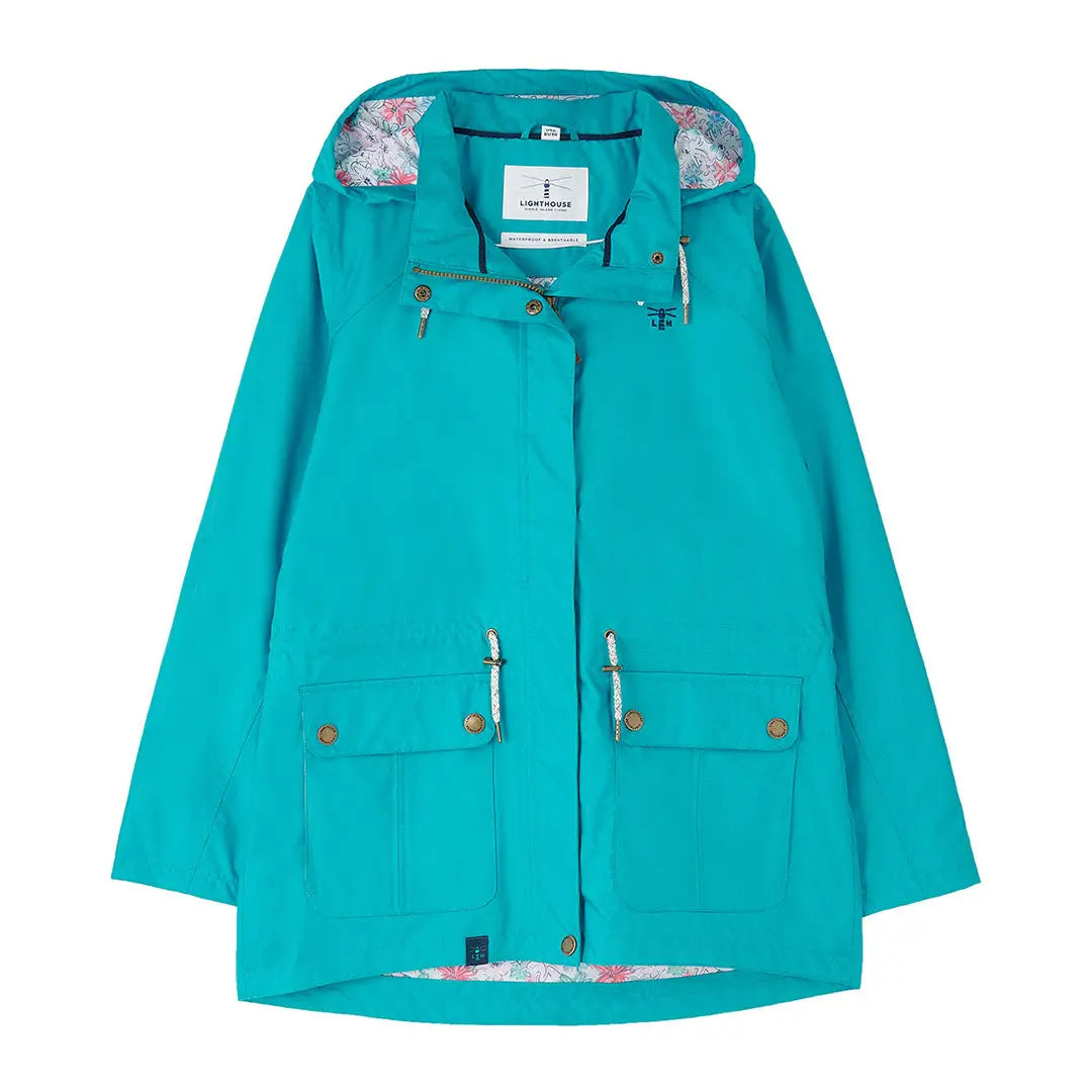 Turquoise hooded rain jacket from the Lighthouse Ladies Willow Coat collection