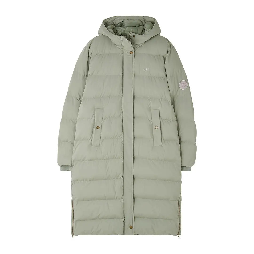 Long light green Lighthouse Savannah Coat with hood and snap closures for cozy style