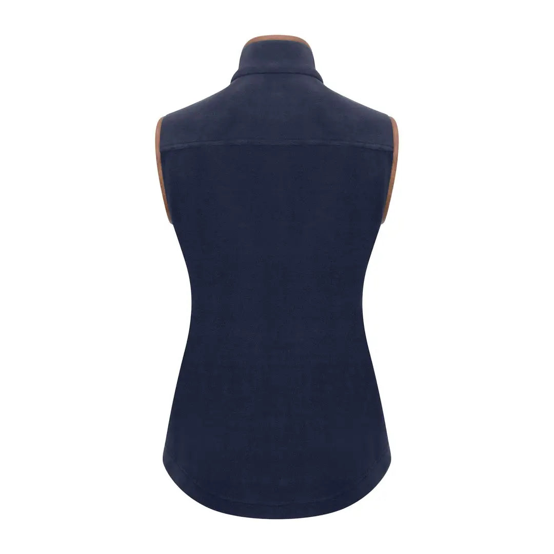 Navy blue sleeveless New Forest ladies shooters fleece gilet with tan leather trim