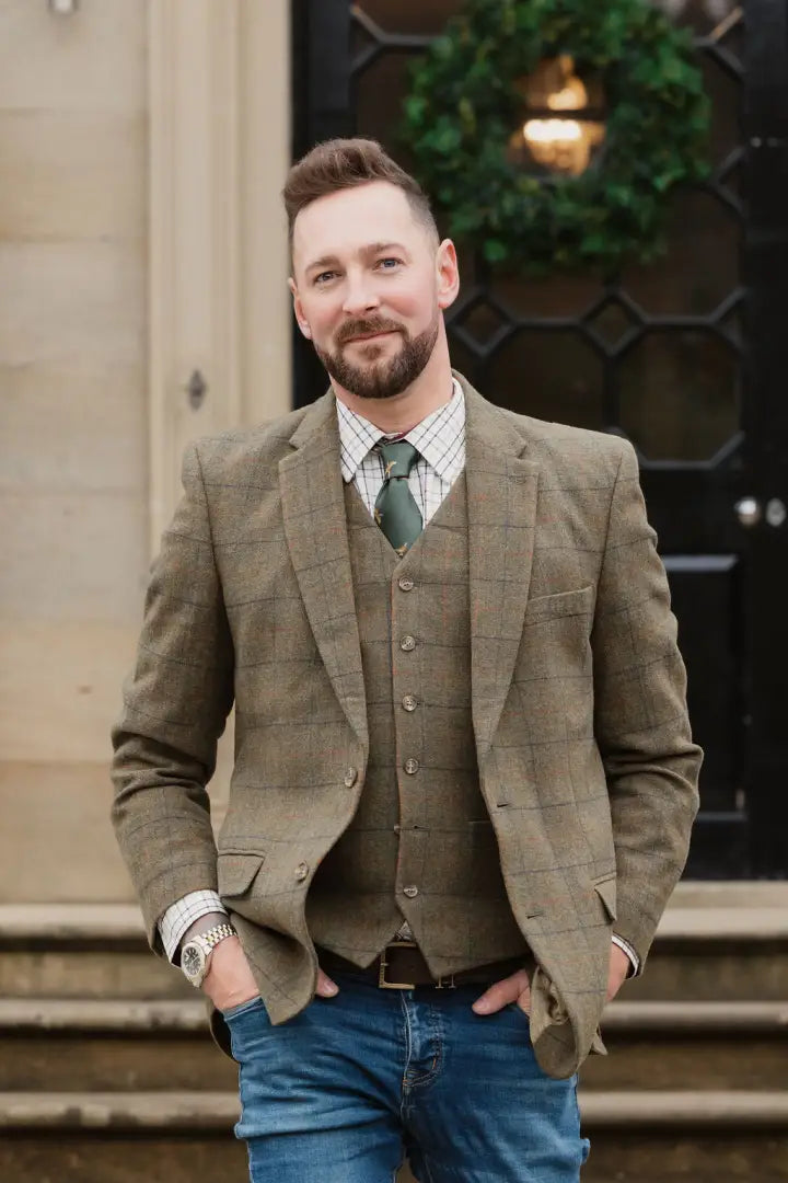 Man in a stylish New Forest Premium 100% Wool Tweed Blazer looking sharp