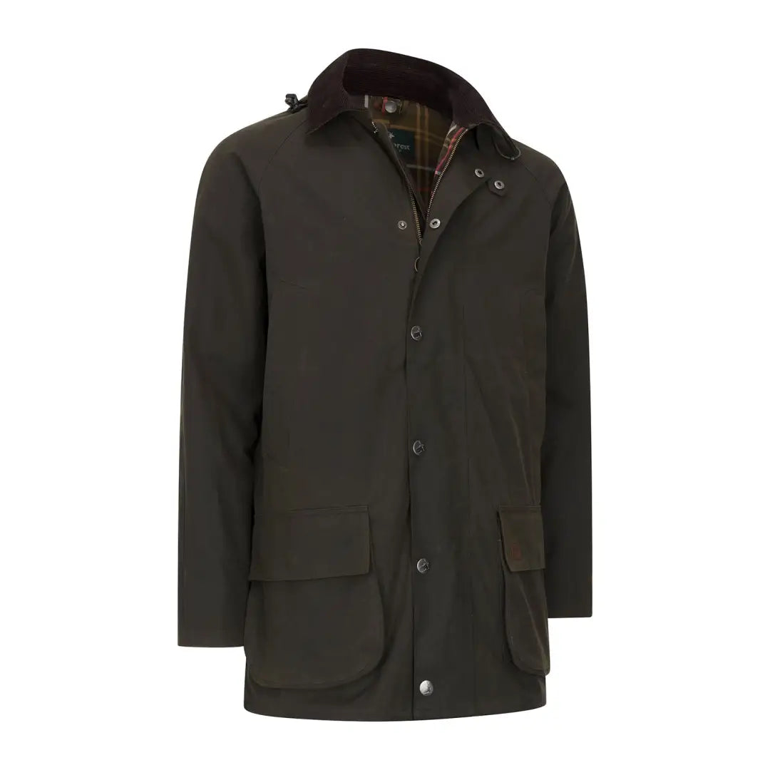 Olive green Forest Woodsman Wax Jacket with button-up style for outdoors adventures