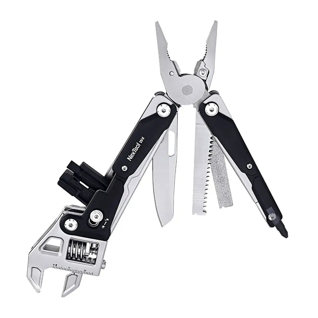 NexTool Adjustable Wrench Pliers W4: black silver multi-tool with pliers, knife, saw, wrenches, screwdrivers, bottle opener