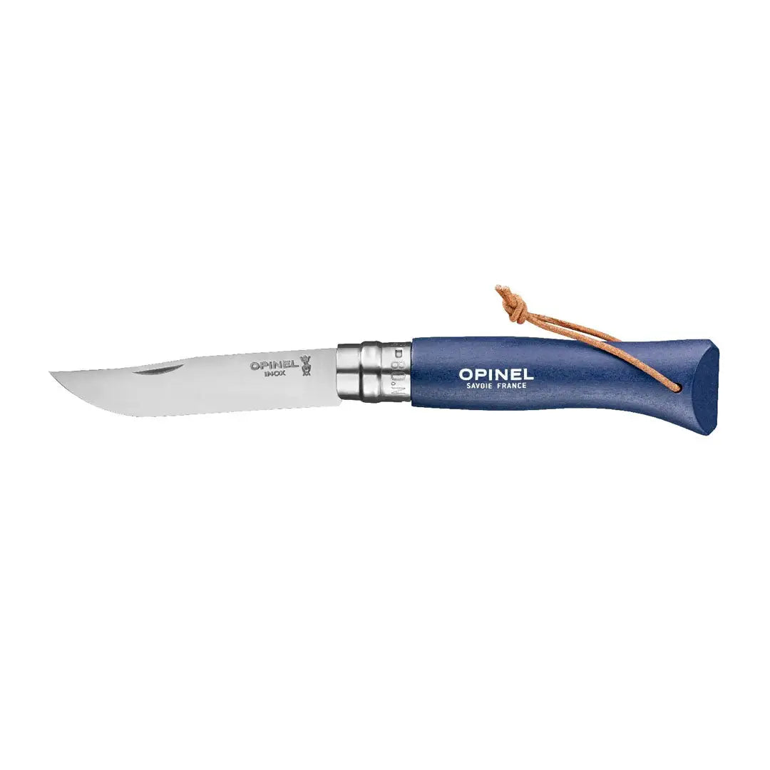 Blue-handled Opinel No. 8 Colorama Locking Knife with leather lace, perfect for hunting