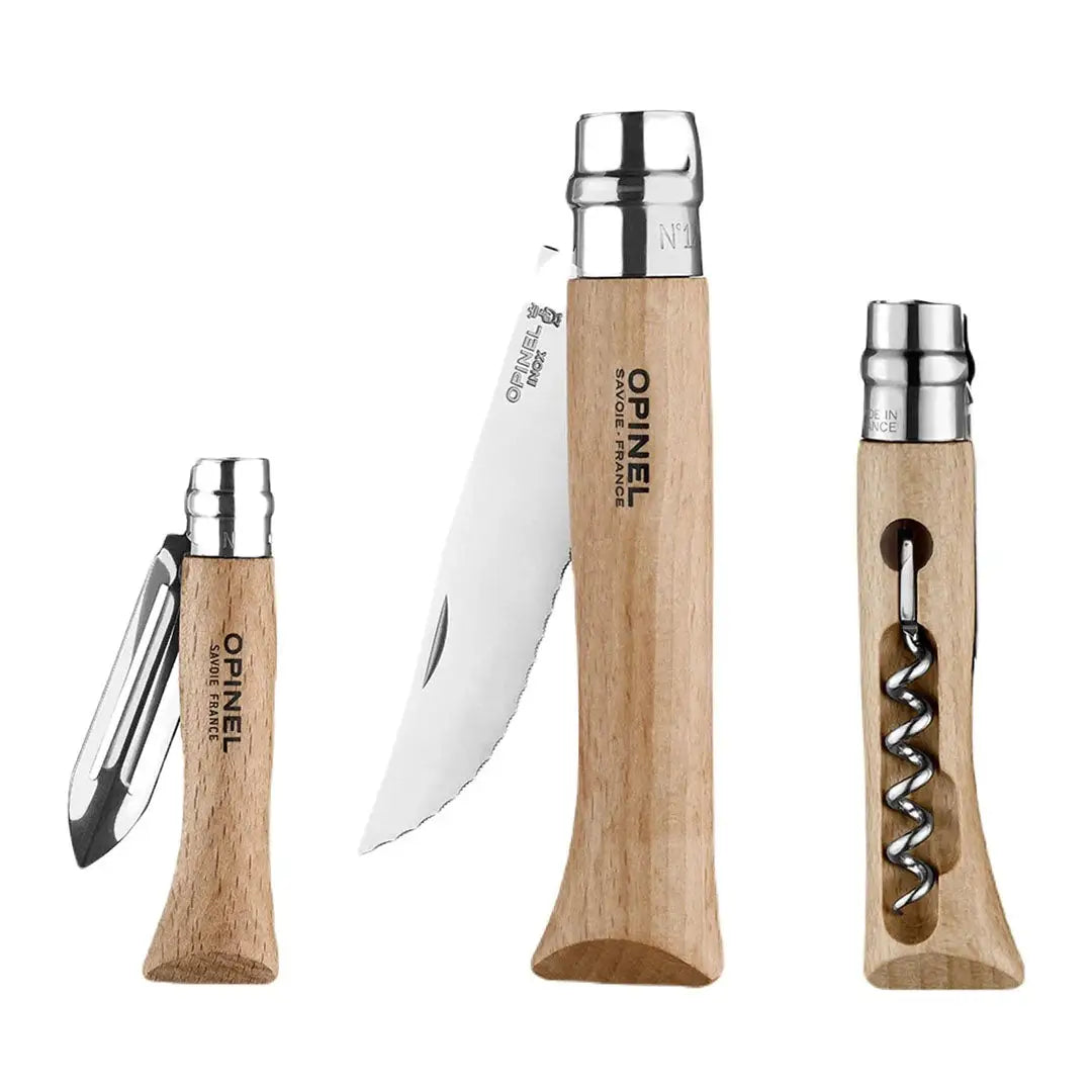 Three Opinel folding knives in the Opinel Nomad Cooking Kit for outdoor adventures