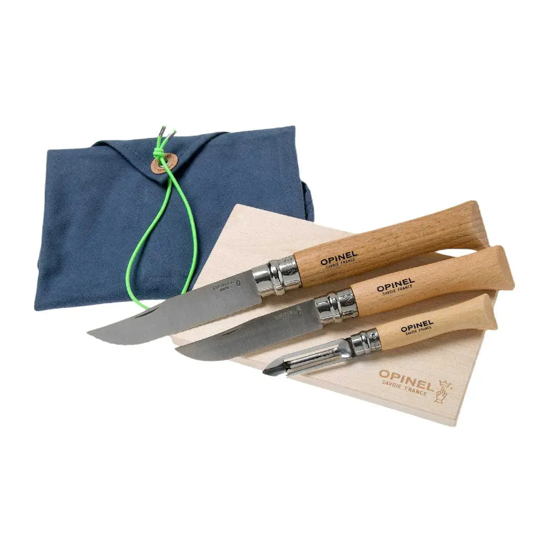 Opinel Nomad Cooking Kit with knife and peeler set in a blue pouch