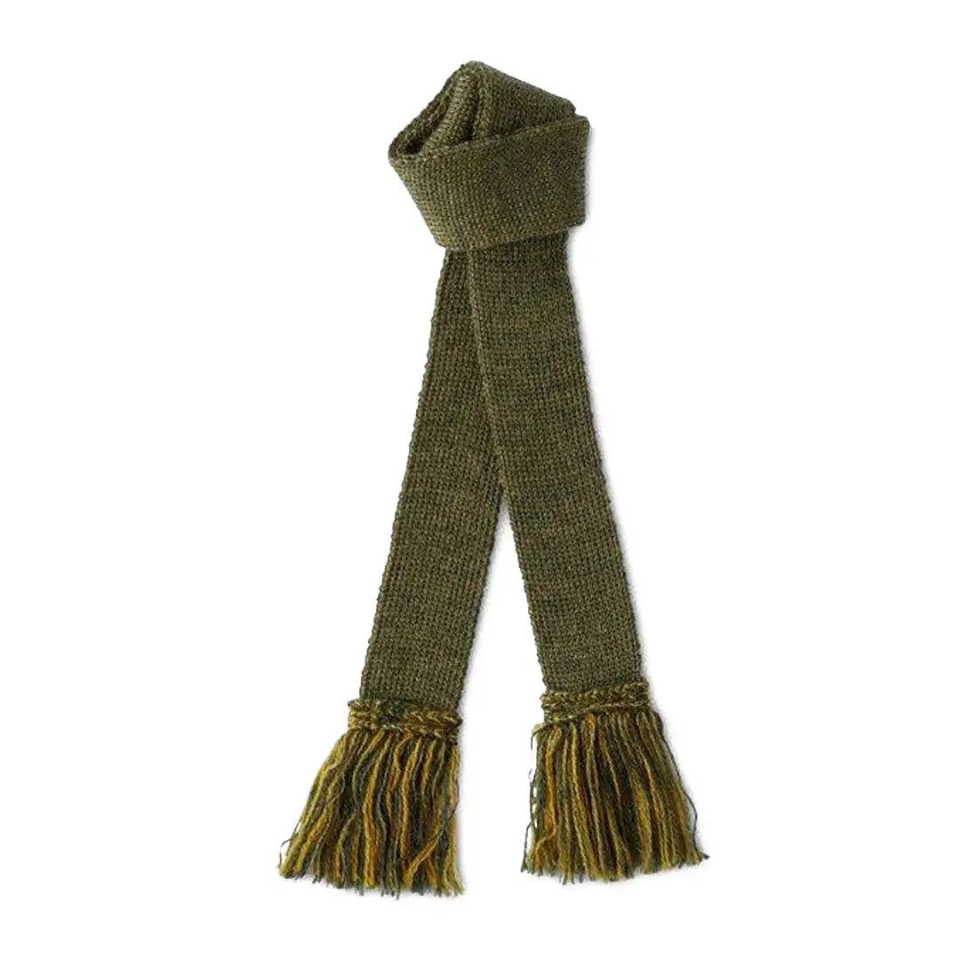 Olive green Pennine Merino Wool contrast woven scarf with tassels