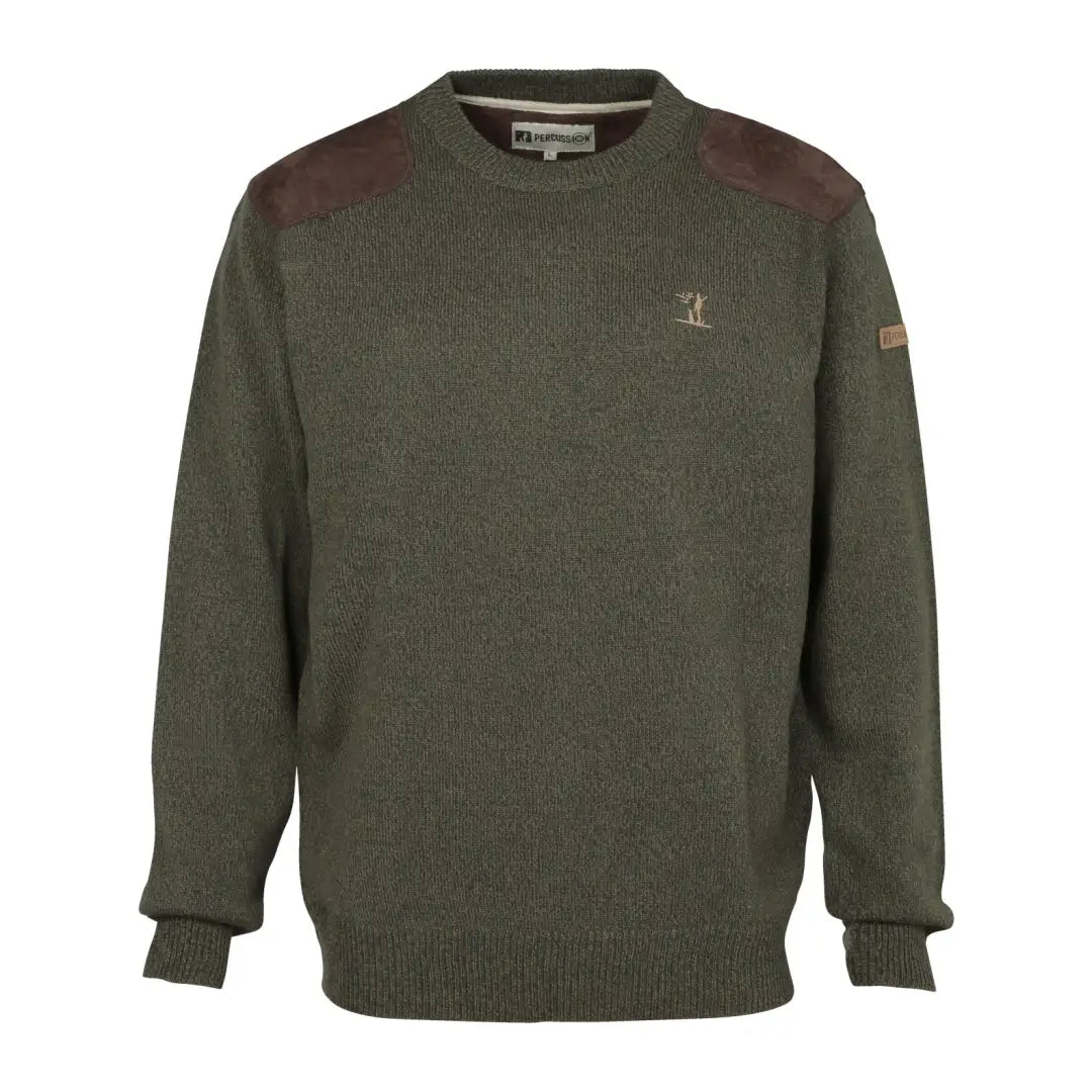 Green lightweight sweater made with brown shoulder patches and a branded chest pocket