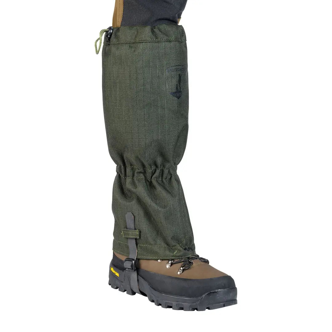 Green Percussion Rip-Stop 1200 Gaiters over a hiking boot for outdoor adventures
