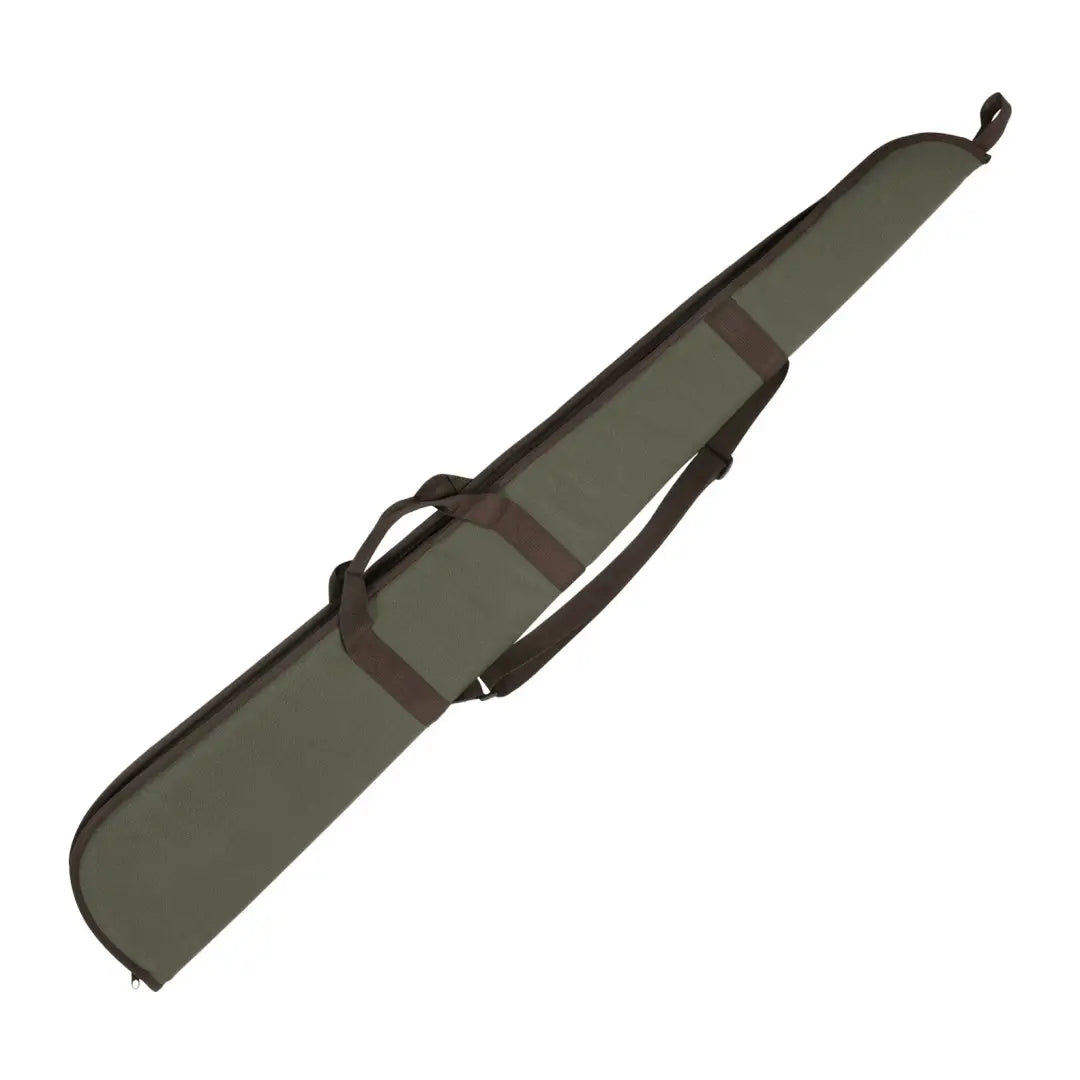 Olive green padded Percussion Shotgun Slip with brown straps and trim for easy carry