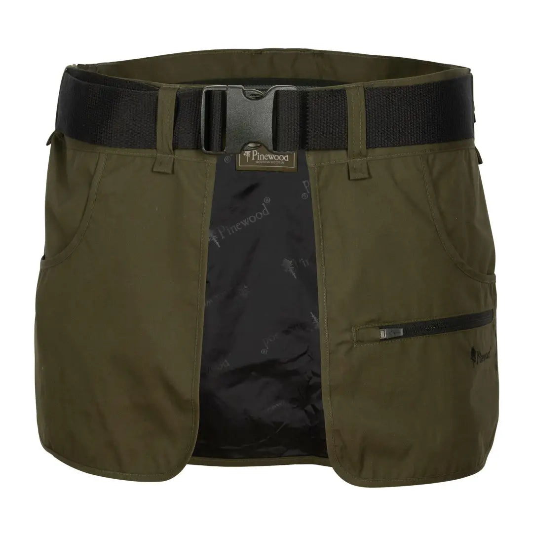 Olive green dog sports shooting skirt with black belt on Pinewood Dog Sports waistbelt