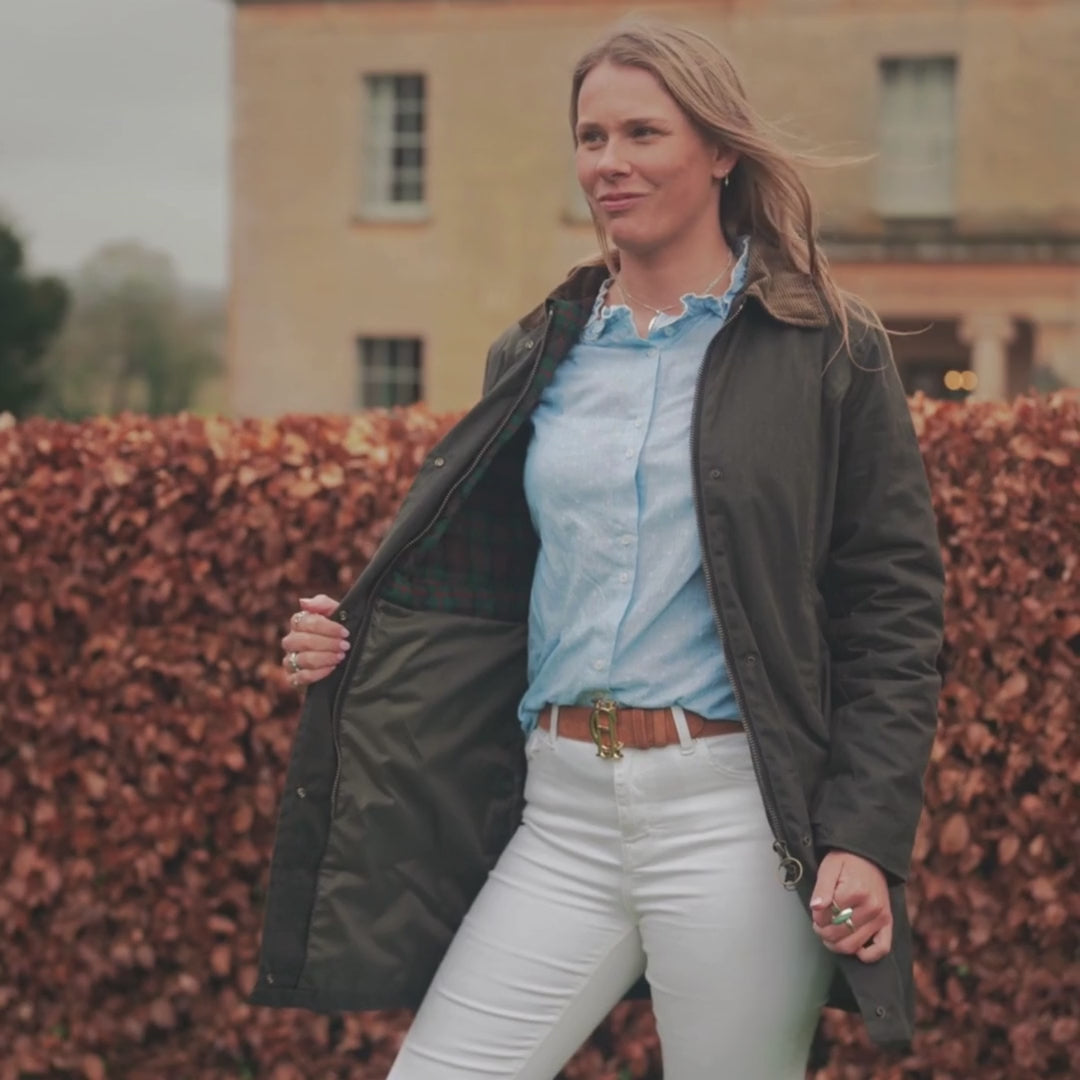 Load video: New Forest Ladies Longer Length Wax Jacket#colour_olive