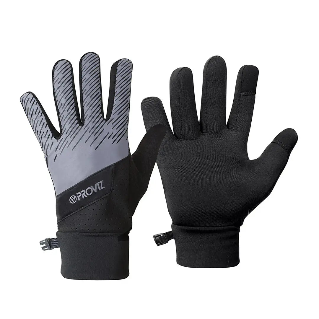 Proviz Reflect360 lightweight running gloves in black and gray with textured back and breathable mesh wrist