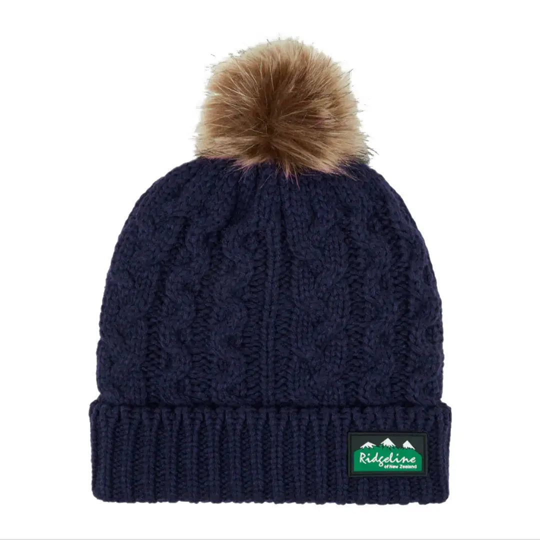 Dark blue Ridgeline Nordic Fleck Bobble Hat with faux fur pompom and mountain label