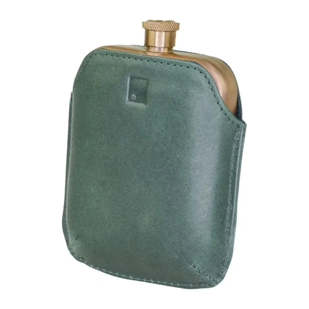 Sophos colour block hip flask with brass and green leather pouch