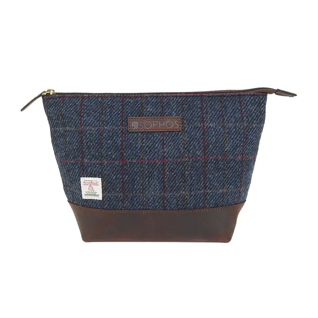 Sophos Harris Tweed triangle washbag in navy plaid with leather accents