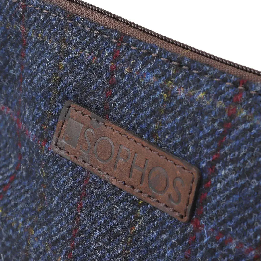 Sophos Harris Tweed triangle washbag in blue tweed with brown leather accents