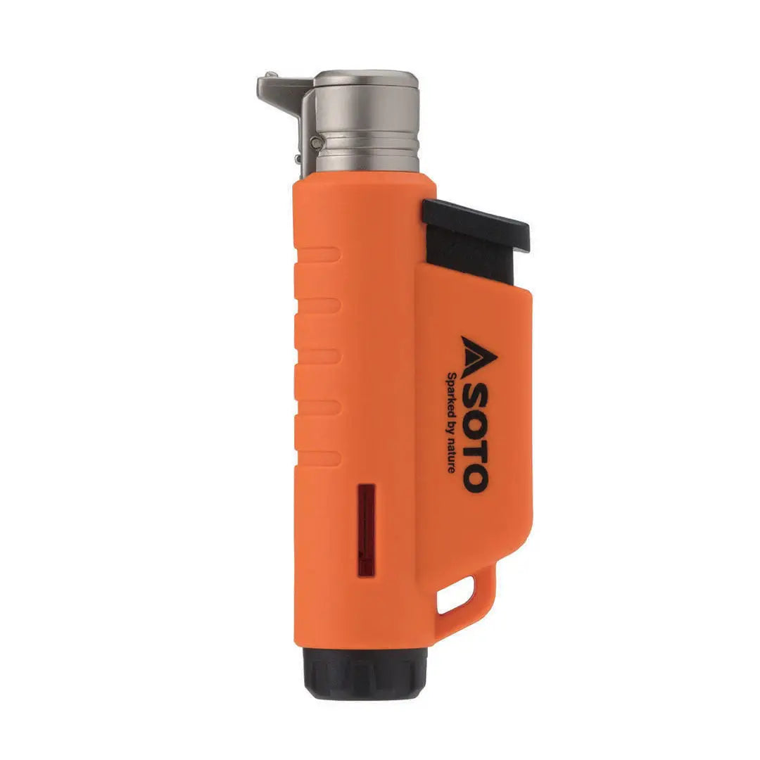 Orange and silver Soto Micro Torch with refillable lighter in a vertical design