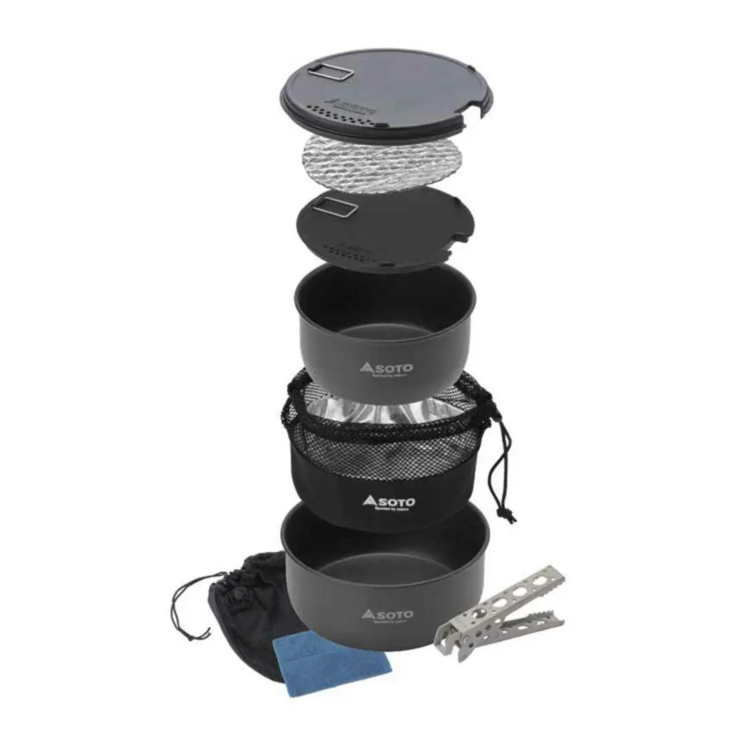 Exploded view of the Soto Navigator Cook Set showcasing all included cookware pieces