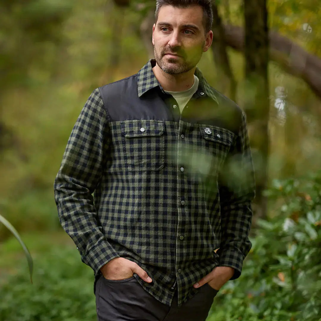 Men’s green and black plaid Swanndri Marton Stormshield LS Shirt with dark shoulder patches