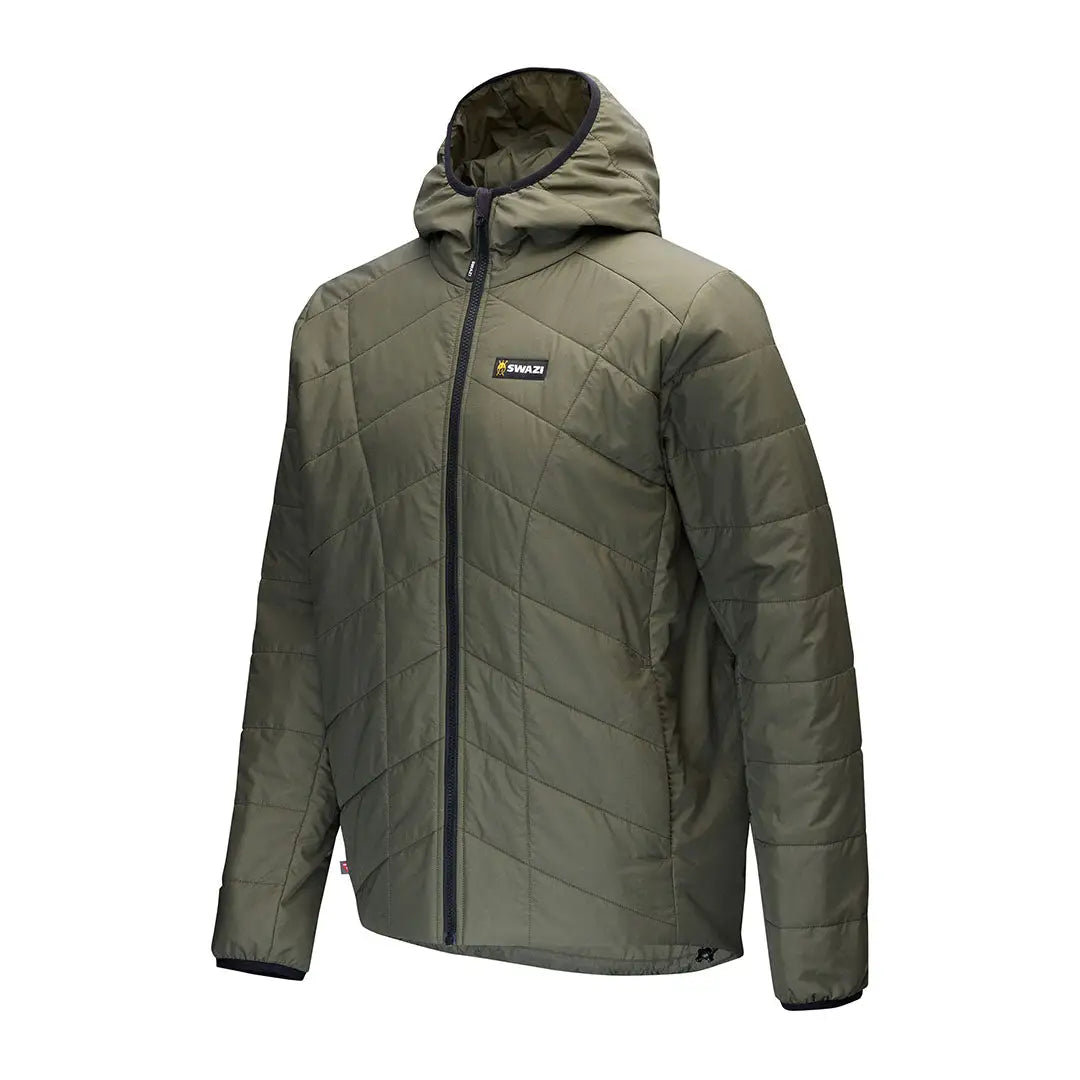 Men’s quilted olive green Swazi Chamois Lightweight Insulation Jacket with hood and black zipper