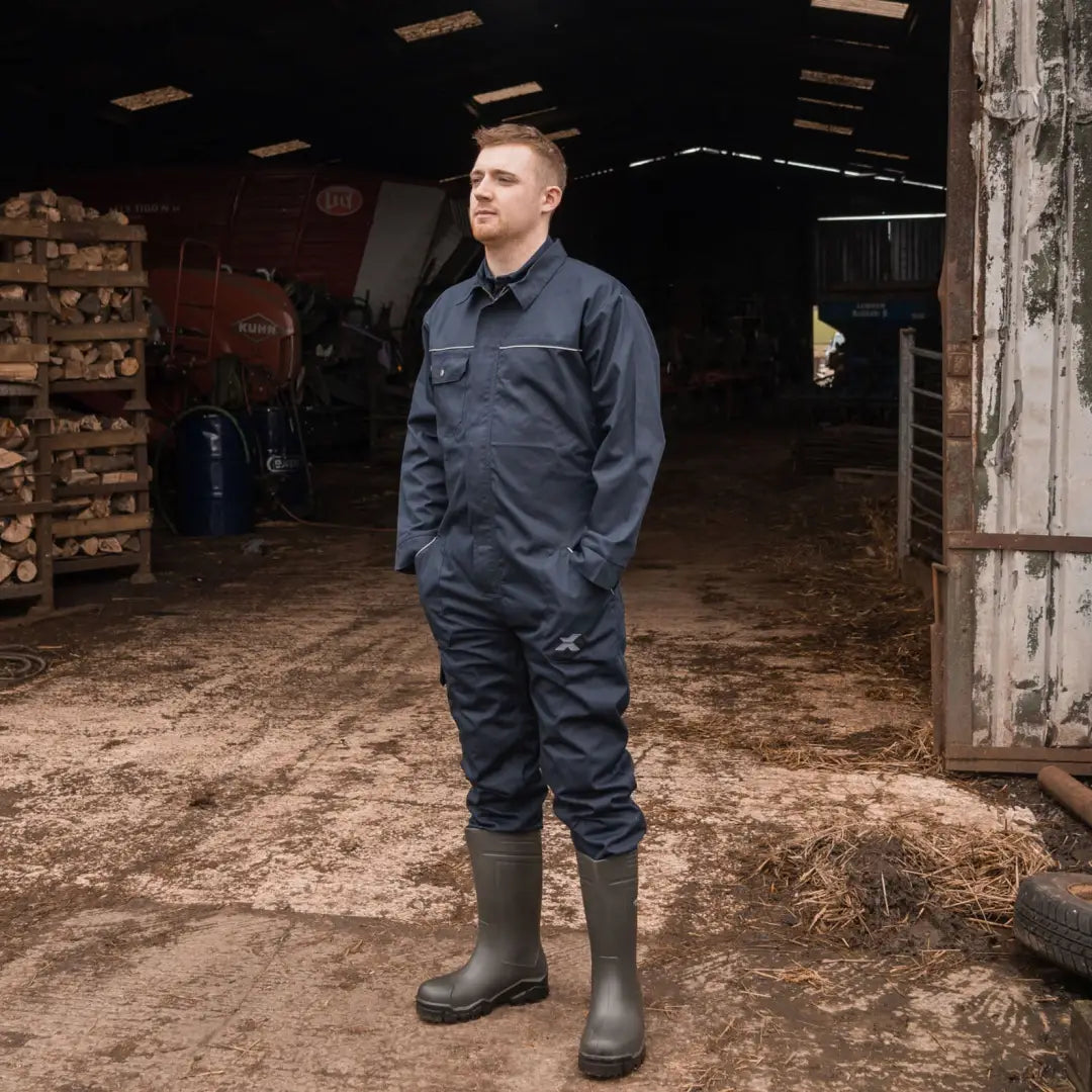 Navy blue work coveralls with reflective stripes from Xpert Core Zip-Front Coverall, perfect for country clothing outdoors or hunting