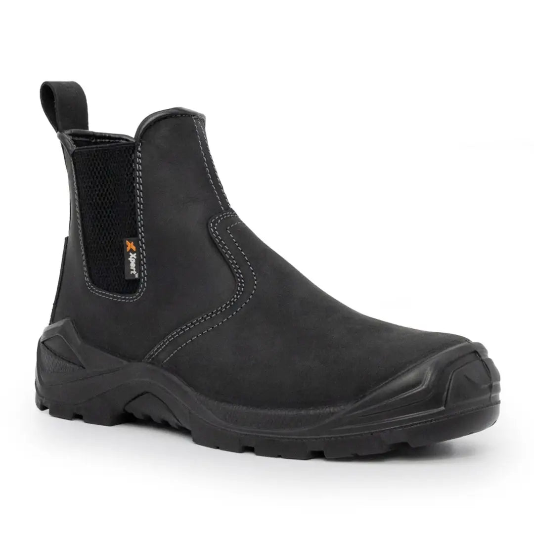 Black leather slip-on Xpert Defiant S3 Safety Dealer Boot with reinforced toe and lug sole