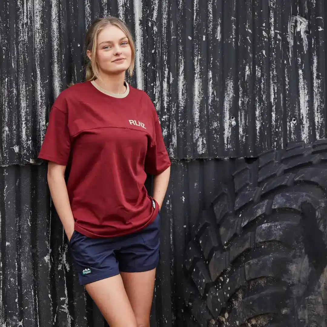 Maroon t-shirt with Ridgeline Hose Down Shorts in navy, perfect for country clothing or hunting