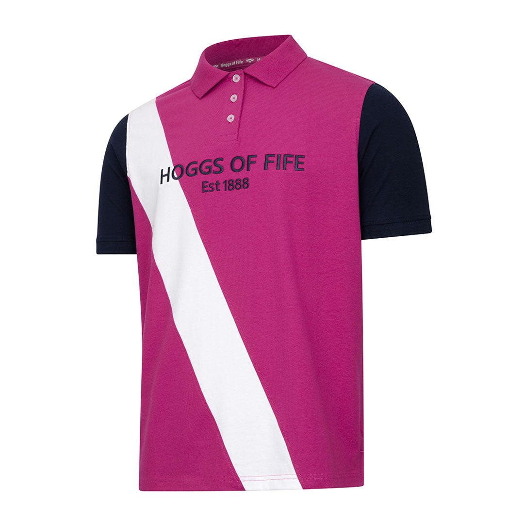 Pink and black polo shirt with 'Hoggs of Fife' branding on a white background