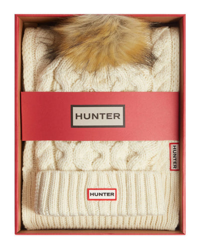 Hunter Cable Knit Fur Pom Beanie and Scarf Set