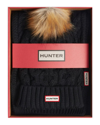 Hunter Cable Knit Fur Pom Beanie and Scarf Set