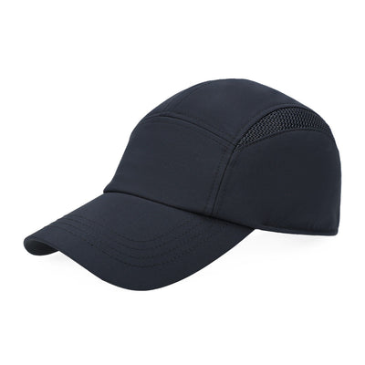Black baseball cap with mesh design on a white background