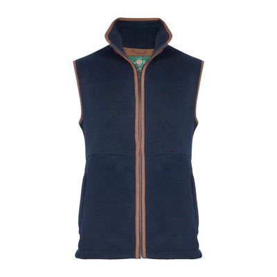 Navy blue sleeveless zip-up fleece waistcoat with brown trim for kids by Alan Paine