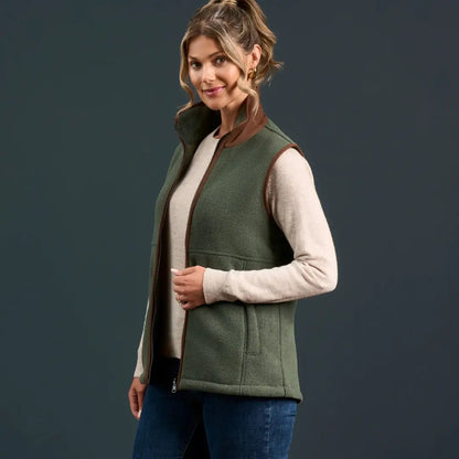 Women’s green fleece vest with brown trim from Alan Paine Aylsham for warmer days worn