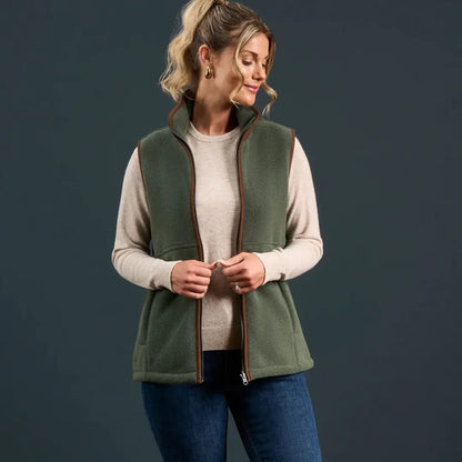 Woman wearing Alan Paine Aylsham Ladies Fleece Gilet for warmer days worn as extra layer underneath