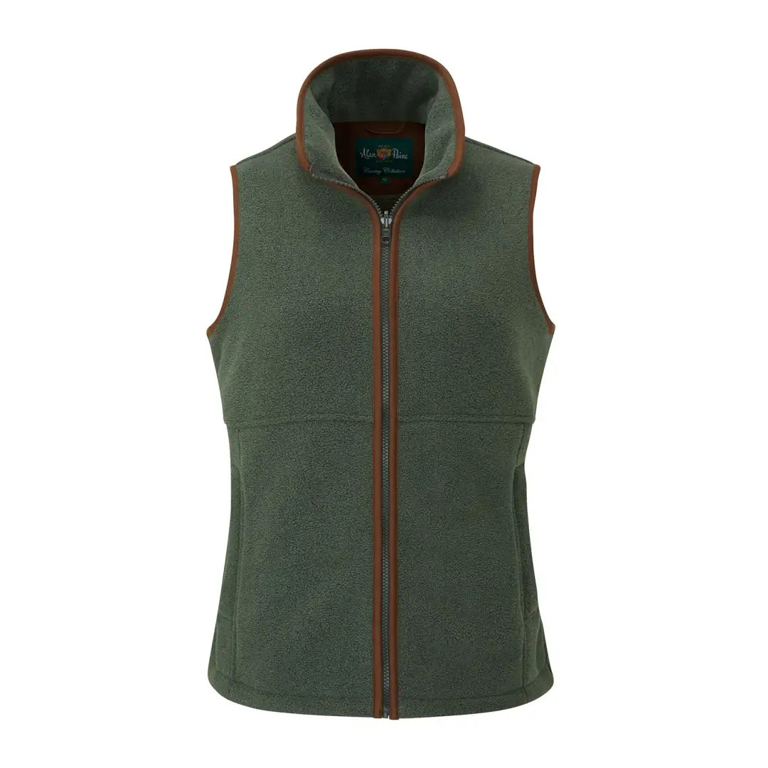 Women’s dark green fleece vest with brown trim, perfect for warmer days worn as an extra layer underneath