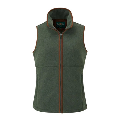Women’s dark green fleece vest with brown trim, perfect for warmer days worn as an extra layer underneath