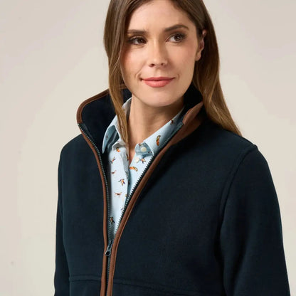 Dark blue versatile fleece jacket with brown collar worn over light blue patterned shirt