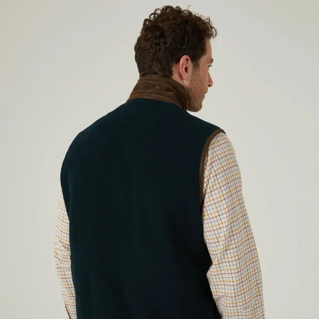 Alan Paine Aylsham men’s fleece gilet with dark green quilted vest and checkered shirt