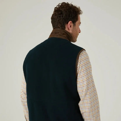 Alan Paine Aylsham men’s fleece gilet with dark green quilted vest and checkered shirt