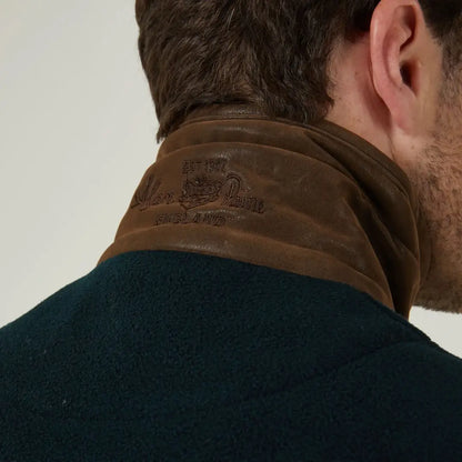 Dark green alan paine aylsham fleece jacket with brown leather collar, a versatile piece